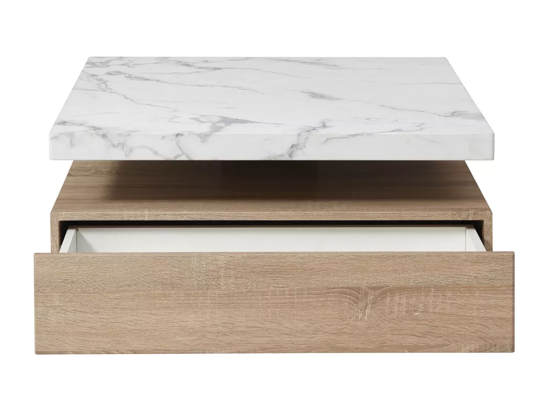 Table basse pivotante avec 1 tiroir en MDF - Effet marbre blanc et Naturel - KYRIA
