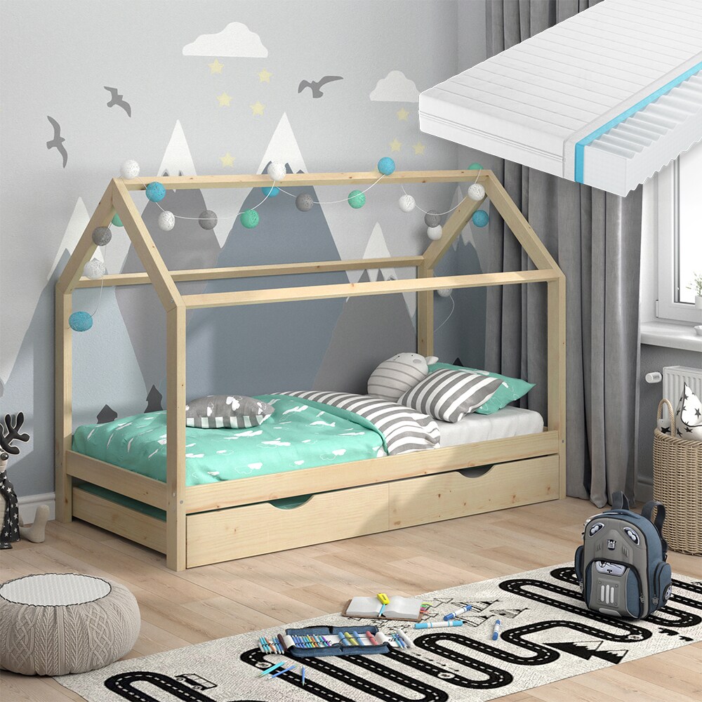 VitaliSpa Kinderbett Hausbett Gästebett Wiki Natur 90x200cm Schublade Matratze
