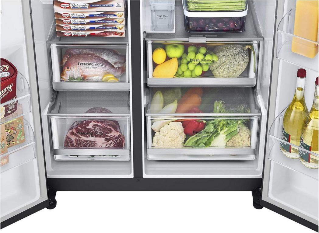 Réfrigérateur combiné LG GSXV91MCAF - Côte à côte, 635 L, InstaView, Total No-Frost, compartiment congélateur, distributeur d'eau et de glaçons UVnano, compresseur à onduleur linéaire, Wi-Fi, noir, classe F
