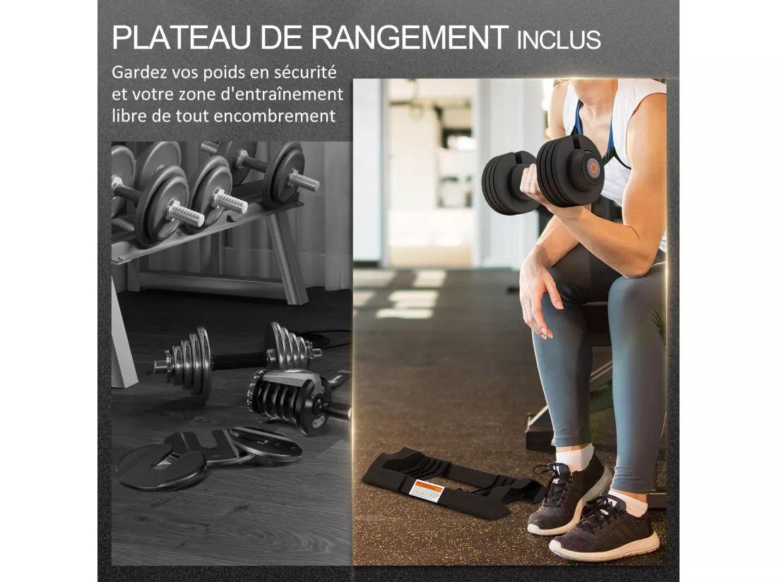 Haltère réglable poids 3,5/6/8/10 Kg max. - plateau rangement, poignée antidérapante - acier ABS noir