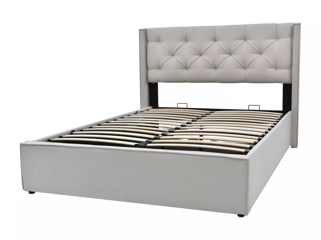 Lit coffre capitonné 140x200cm en tissu coton - avec sommier à lattes - Gris Clair