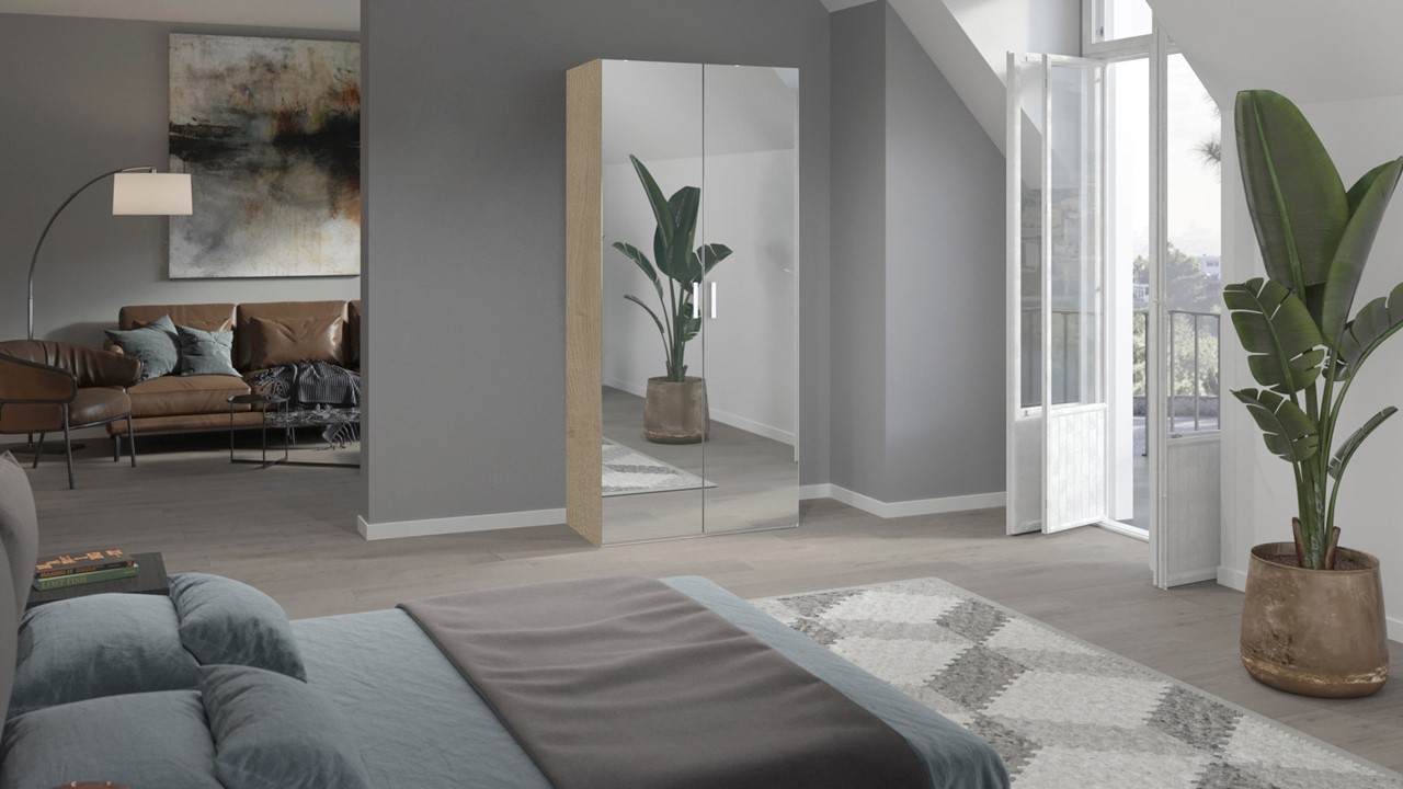 Draaideurkast Compact met spiegeldeuren eiken