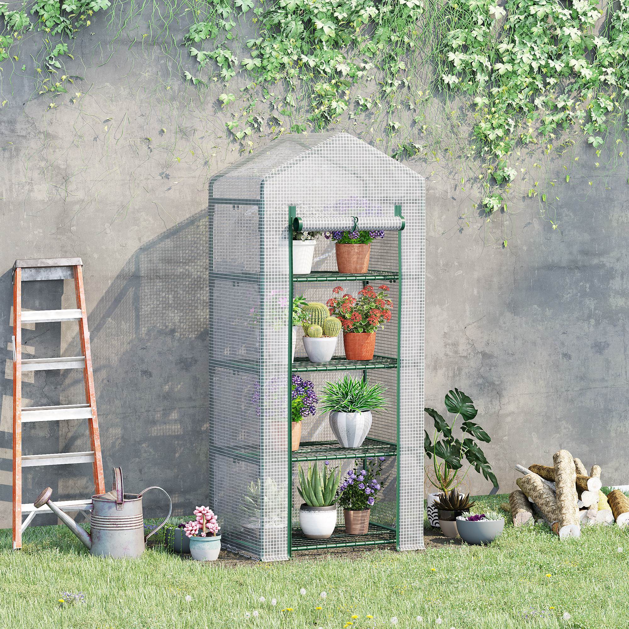 Estufa de jardim Outsunny com 4 prateleiras e cobertura em PE, tipo galpão com estrutura tubular de aço, ideal para cultivo de plantas, flores e vasos, 70x50x160 cm, branca.