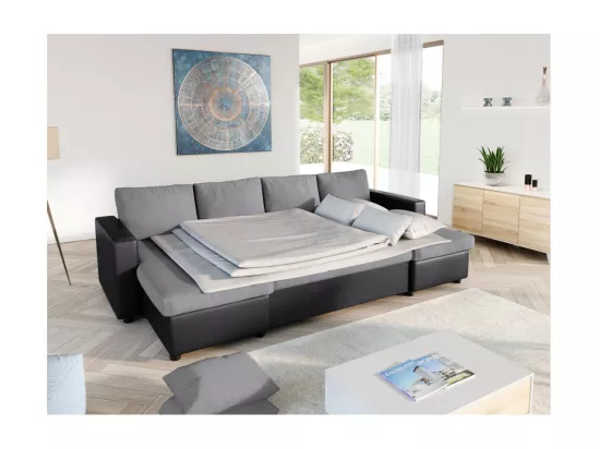 Canapé d'Angle Panoramique 6 Places Maria Convertible en simili et microfibre - Gris/Noir - L295 x P146 x H81cm - Loungitude