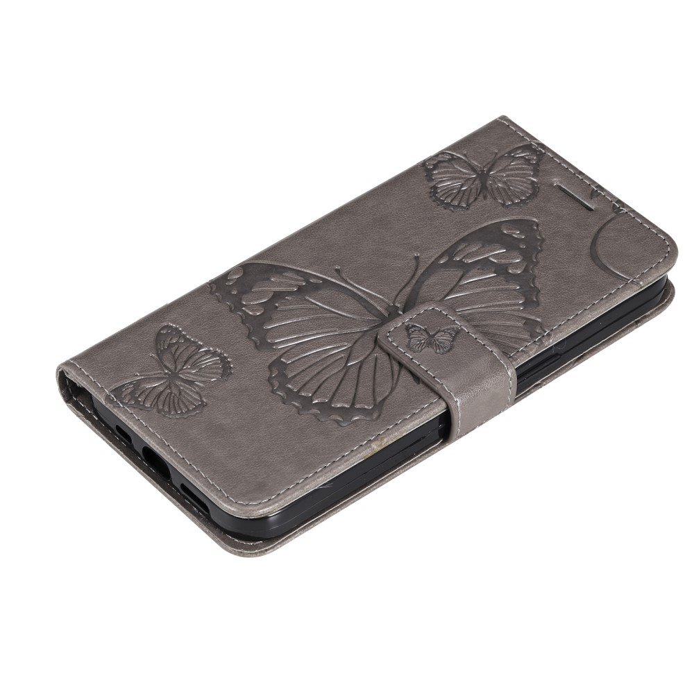 Samsung Galaxy A54 5G Leder Tasche mit Kartenfach   Handschlaufe Schmetterling - Grau