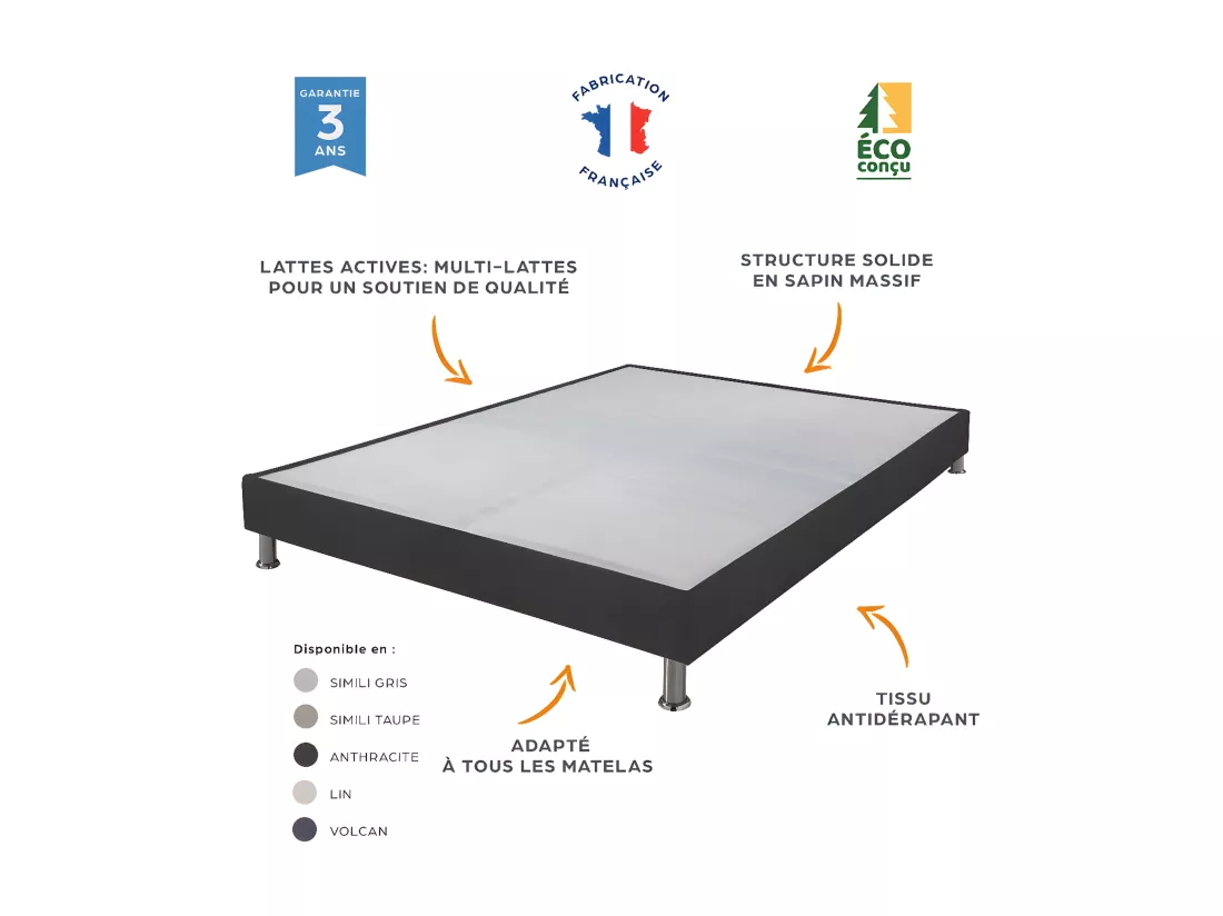Sommier tapissier + pieds Omega Gris 3 90x190 Lattes bois - H.15 cm - Made in France