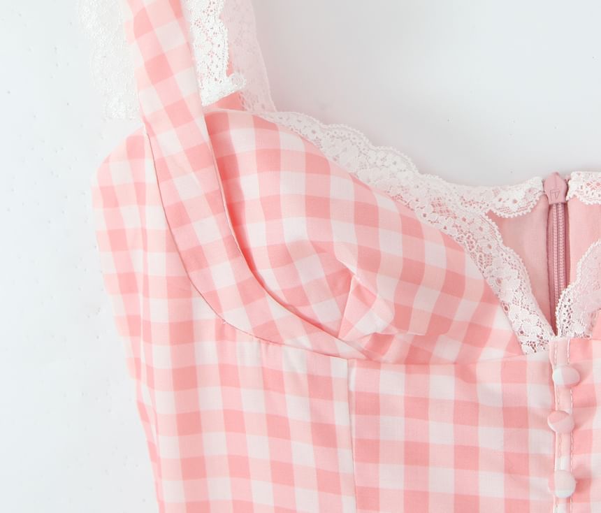 Cumulys - Mouwloze Sweetheart Neck Gingham Ruffle Mini A-lijn Jurk