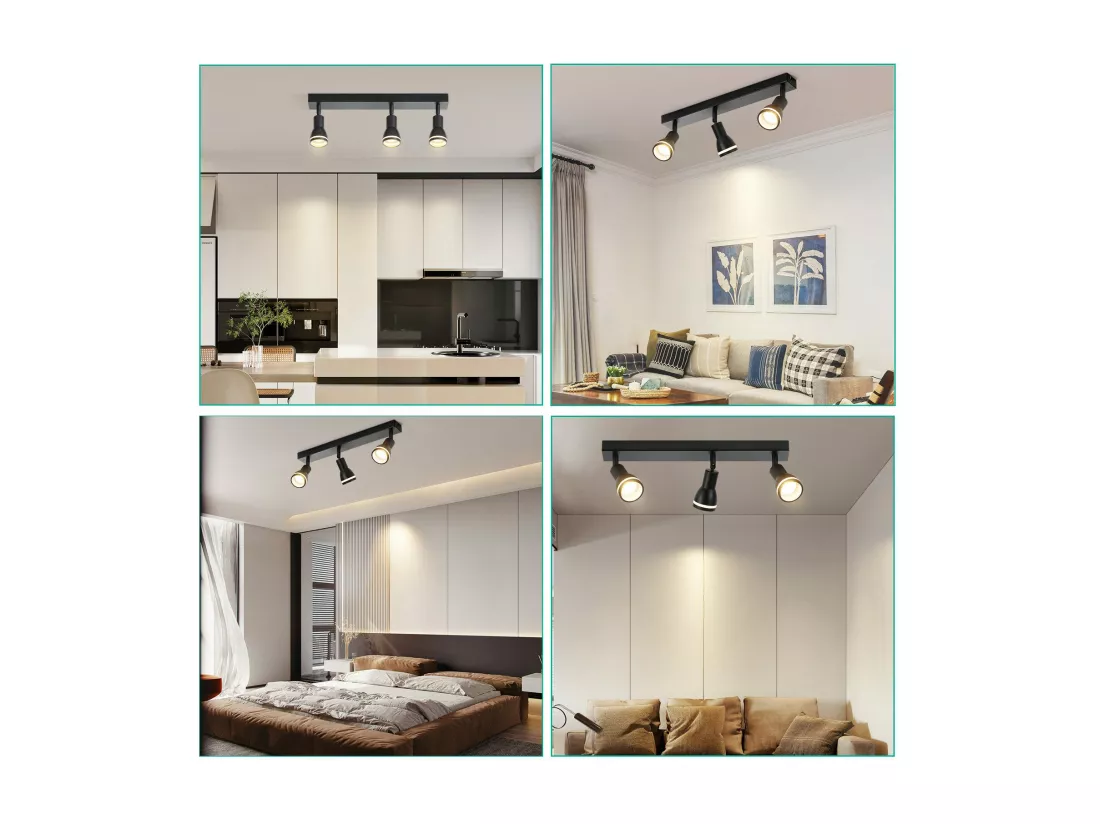 NETTLIFE Plafonnier noir moderne : 3 spots de plafond orientables en métal, plafonnier GU10, pour chambre, salle à manger, sans ampoule