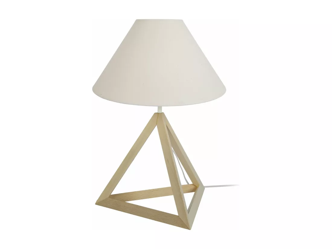 Lampe a poser géométrique bois , cone écru 48 cm.