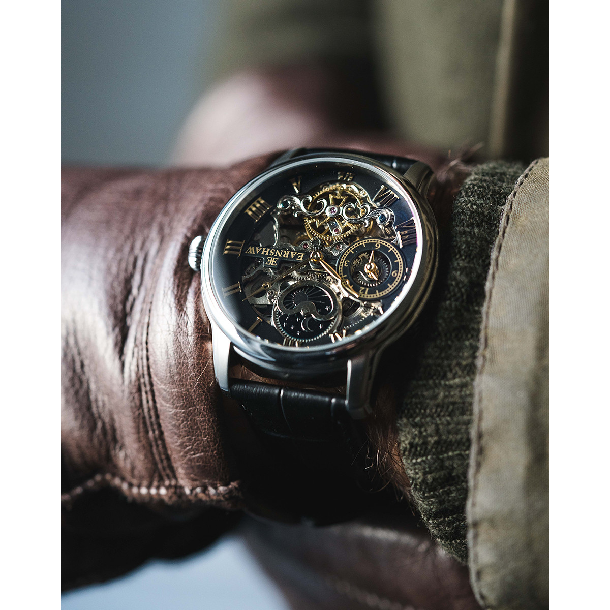 Montre EARNSHAW Longitude homme automatique acier bracelet cuir noir