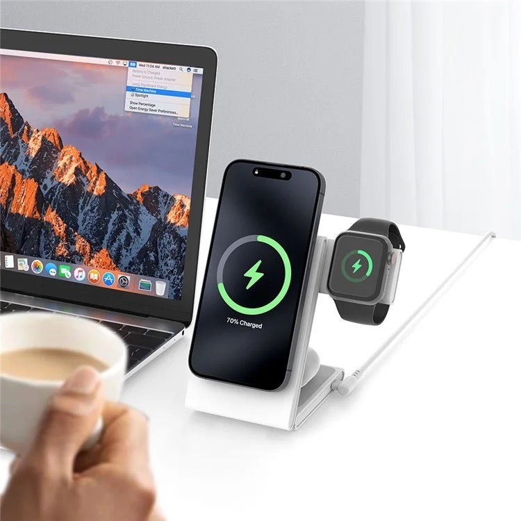 (15W) 3in1 MagSafe Ladegerät Qi2 Wireless Charger Faltbarer Ladeständer für Apple Watch / Smartphone / AirPods - Weiss