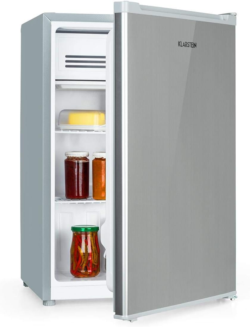 Klarstein Delaware Kühlschrank, 76 Liter Fassungsvermögen, 2 flexible Glasböden, Gefrierfach: 4 Liter, Flaschenfach bis 2 Liter, Silber/Grau