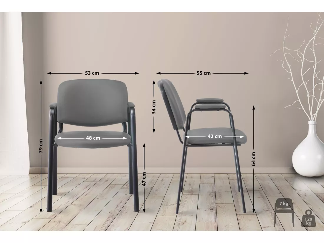 Chaise de conférence - Similicuir & Métal noir mat - Gris - Ken Pro