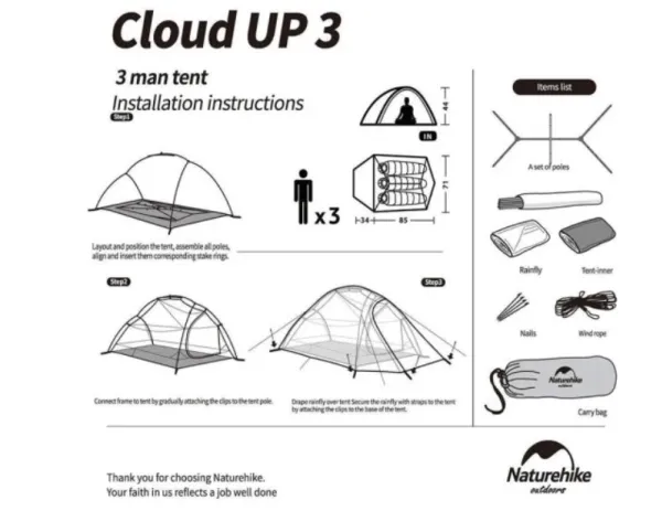 Naturehike telt Cloud UP 3 20D OPDATERET NH18T030-T-Forest grøn