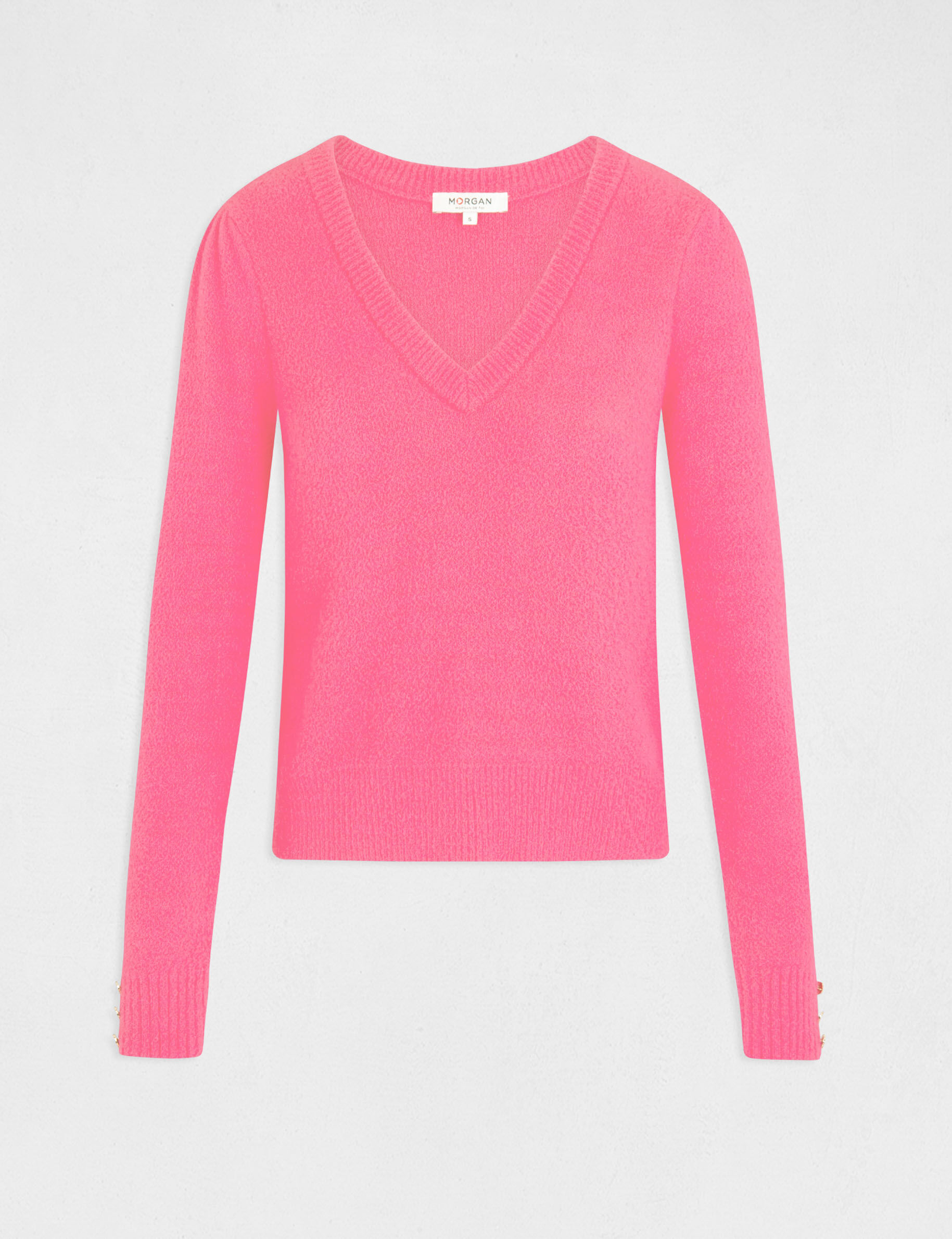 Pull manches longues avec col en V fuchsia femme - fuchsia