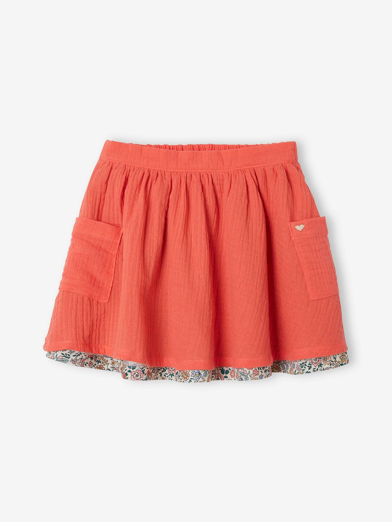 Saia reversível, lisa ou com estampa floral, para meninas, marrom claro liso