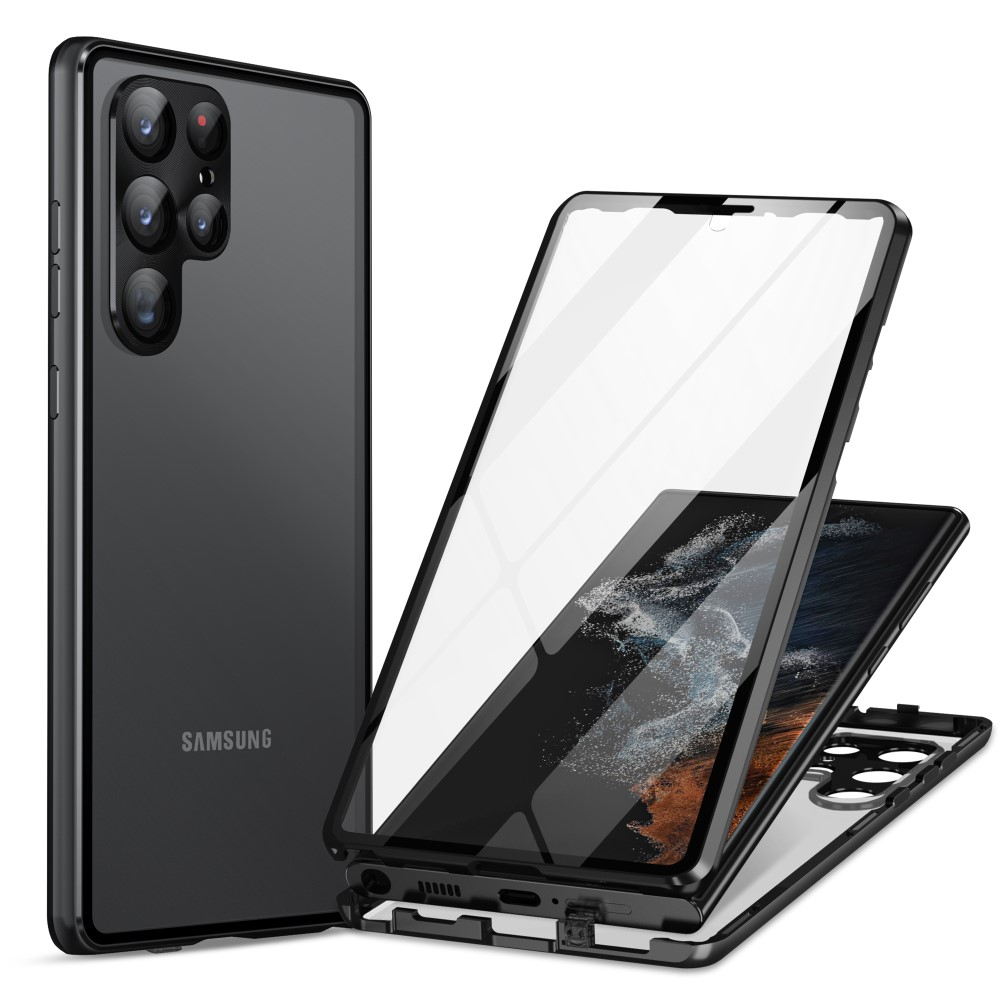 Samsung Galaxy S23 Ultra 5G Magnetische Alu Schutzhülle mit Panzer Glas Backcover   Display- / Kameraglasschutz (Verschlussmechanismus) - Schwarz