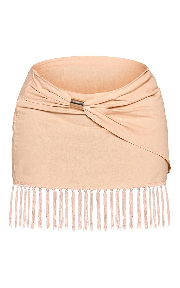 Vrai Beige Mini-jupe Grande Taille En Lin Beige Avec Bordure Dorée Et Ourlet À Pompons