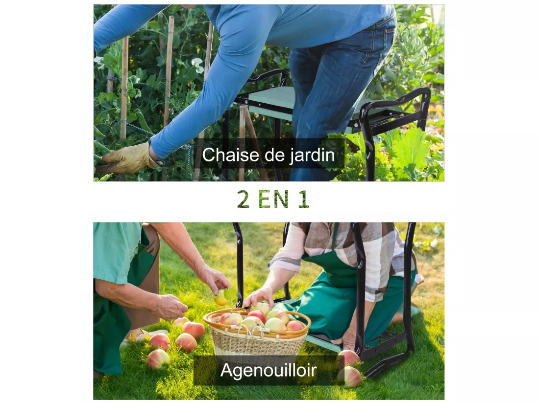 Tabouret de jardin pliable agenouilloir de jardin siège jardinage avec coussin acier EVA noir vert