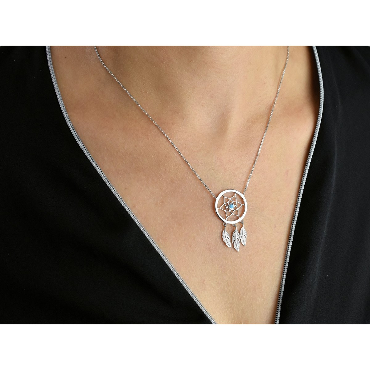 Collier attrape-rêves perle bleu turquoise argent 925 Rhodié