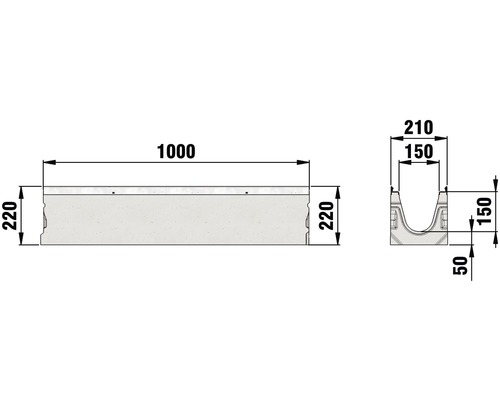 Hauraton Faserfix KS 150 afvoergoot basisprofiel type 01 van vezelversterkt beton 1000 mm x 210 mm x 220 mm