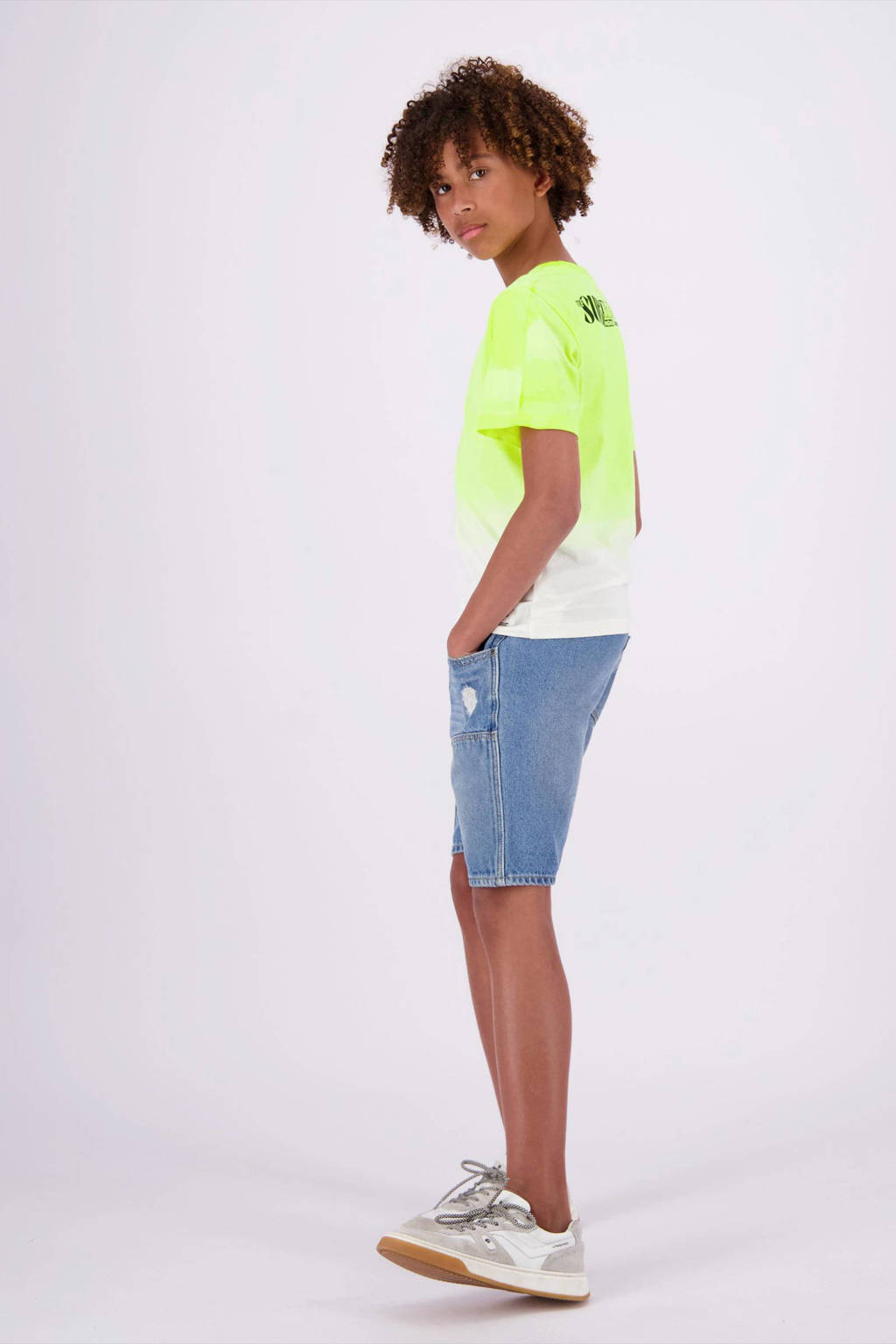 Vingino T-shirt Hermo met backprint neon geel/offwhite