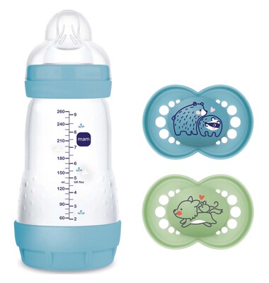 MAM Original Silikon Smokker 16-36m 2-Pack & Easy Start Tåteflaske Anti-kolikk 260 ml, Blå
