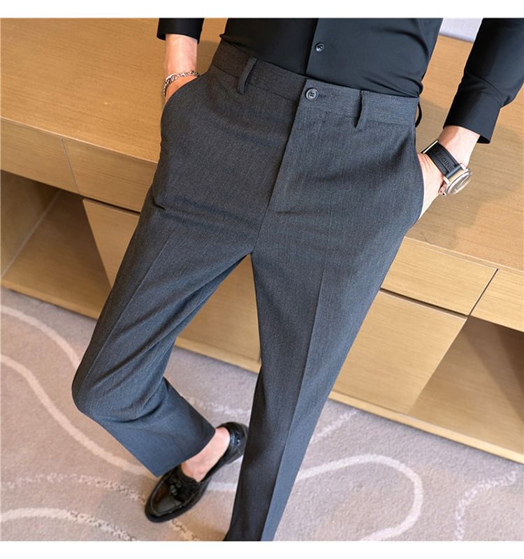 Lefitt - Mid Rise Plain Cropped Straight Leg Dress Pants