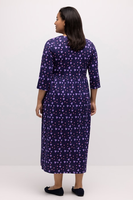 Midikleid, Herz-Muster, V-Ausschnitt, 3/4-Ärmel