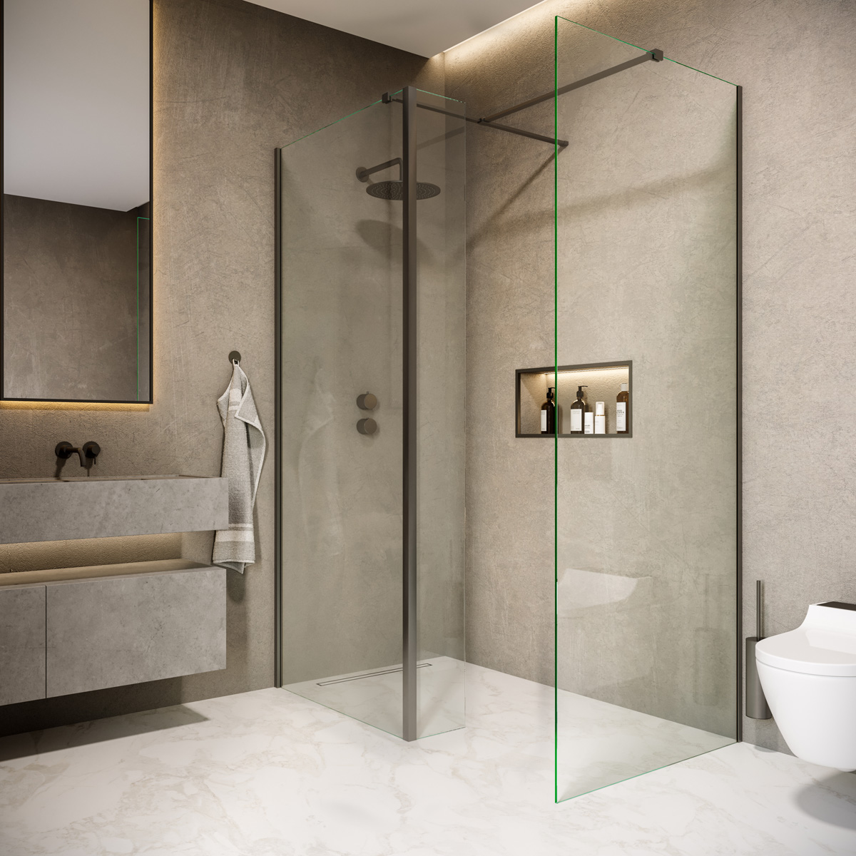 Saniclear Rivo inloop douchecabine 150x100cm met 30cm zijwand en 60cm vrije inloop verouderd ijzer - gunmetal