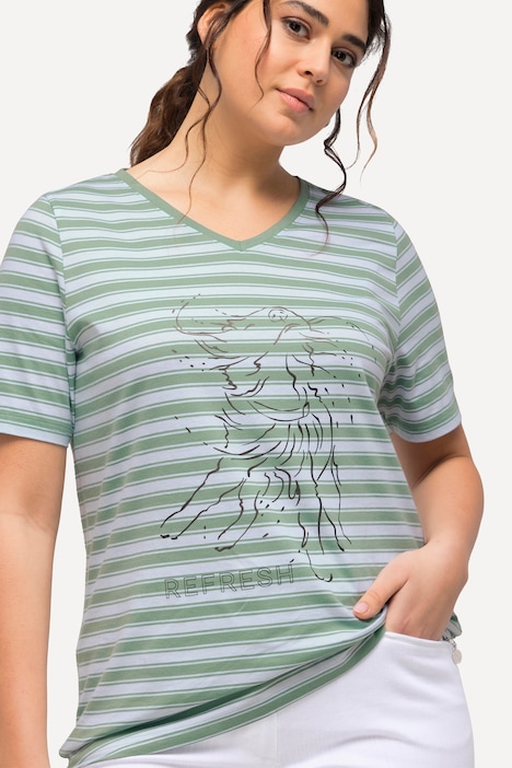 T-Shirt, Ringel, Metallic-Tiermotiv, V-Ausschnitt, Halbarm