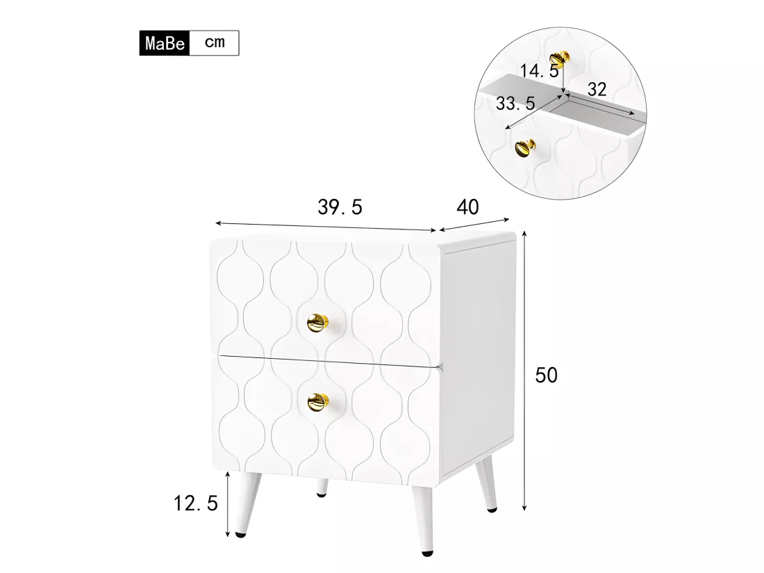 Lot de 2 Tables de chevet à motif ondulé - avec poignées dorées et 2 tiroirs - façades laquées - Blanc