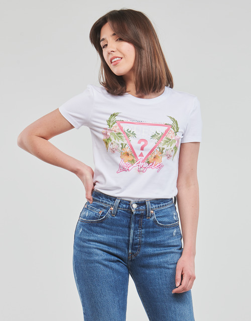 Guess - SS CN TRIANGLE FLOWERS TEE - Blanc