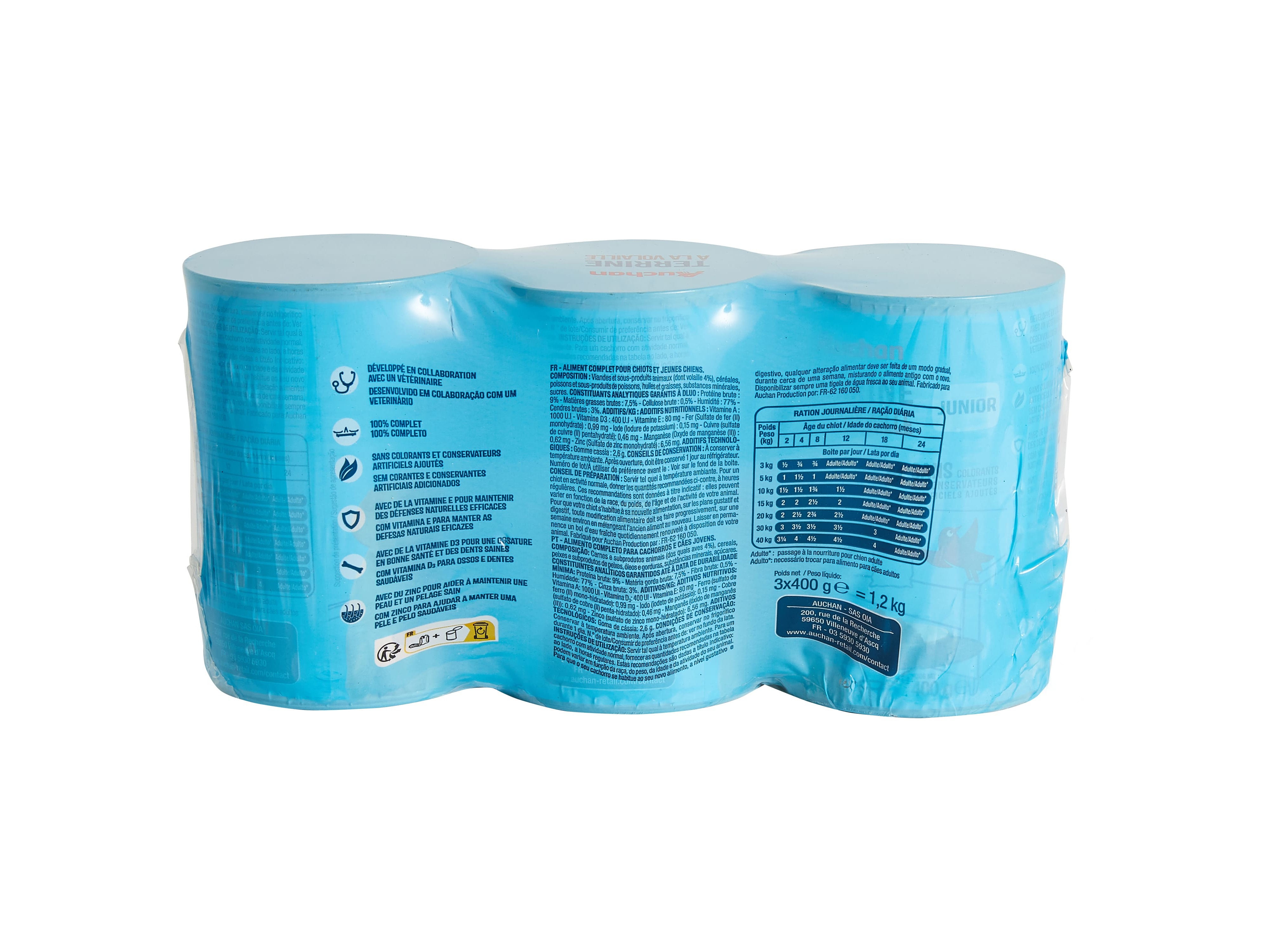 COMIDA HÚMIDA PARA CÃO AUCHAN JÚNIOR TERRINA AVES 3X400G