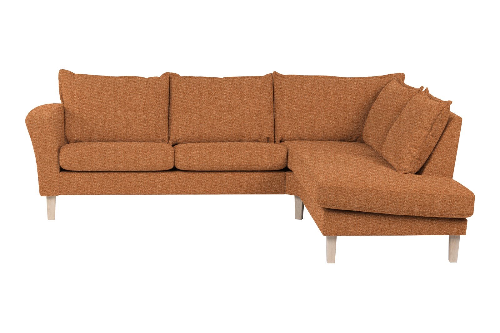 Slogen hjørnesofa Oppsett AH. 2,5-seter med åpen ende høyre. Tekstil Viva Rust med soft ryggpute. Vange A og hvitpigmentert ben 178.