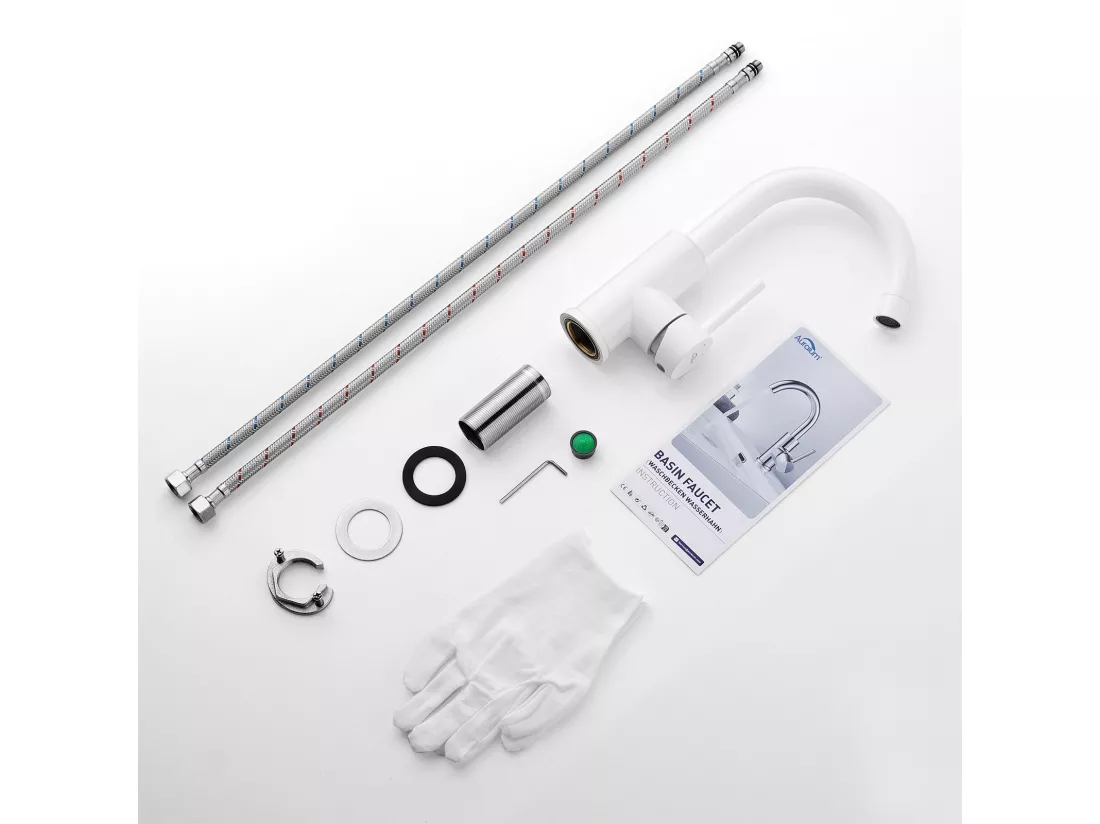 Mitigeur Lavabo, AuraLum Max Robinet Lavabo Haut Pivotant à 360°, Robinet Lavabo Salle de Bain Monocommande avec Aérateur Démotable, Blanc,EU Modèle