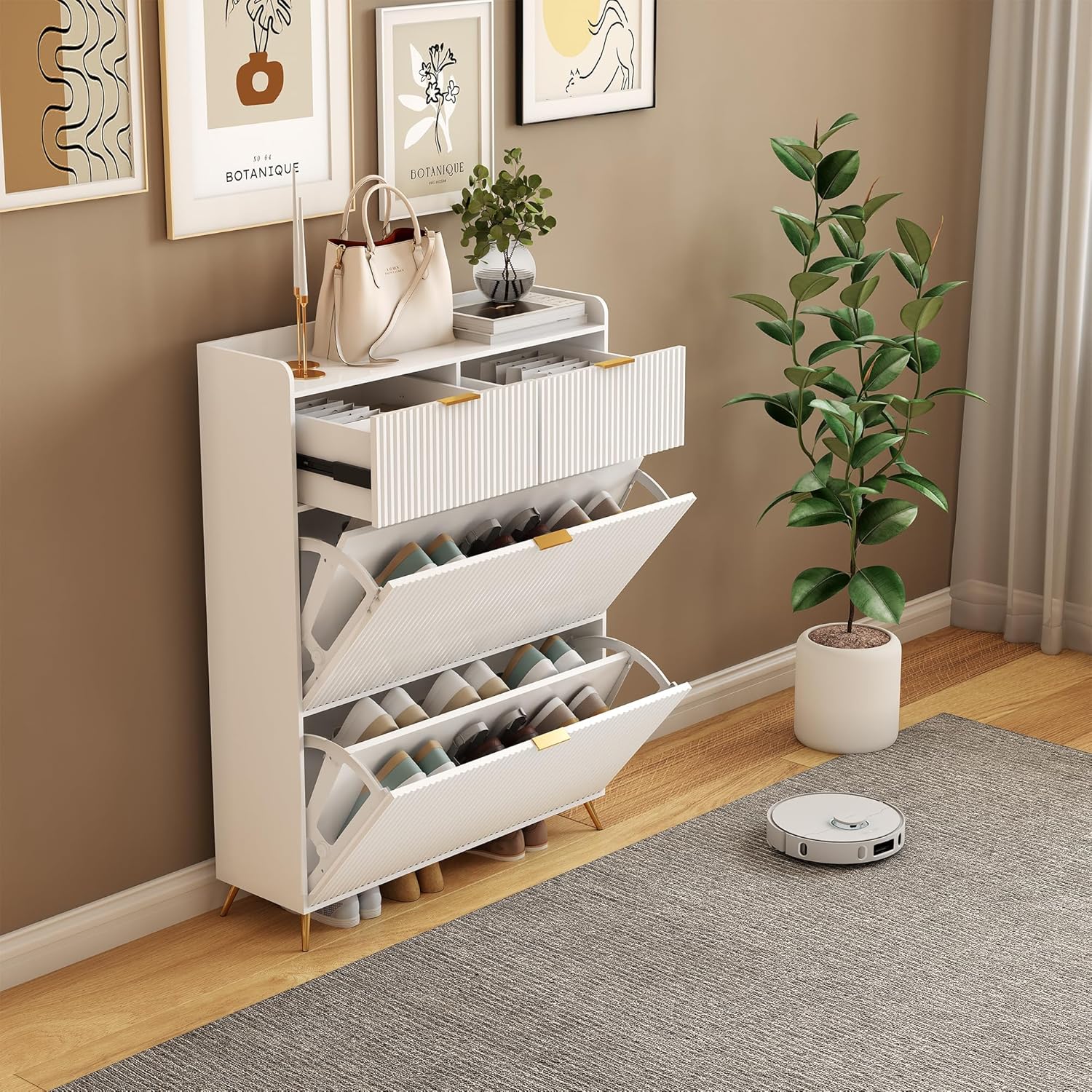 Schuhschrank mit 2 Klappen und Ablagefach, Schuhkipper Schmal mit Ablageflächen Verstellbar, Schuhkommode, für 10-20 Paar Schuhe, Schuhregal für Eingang,Flur,80x24x118.5cm (Weiß-A, 80x24x110cm)