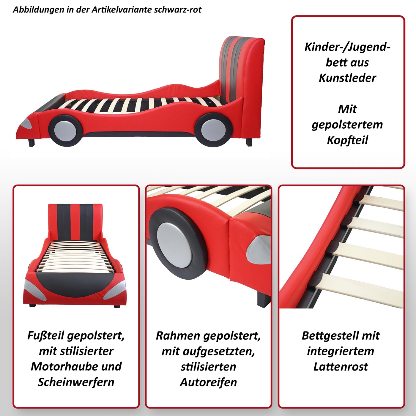 Bett MCW-E14, Auto Junge Kinderbett Jugendbett, Lattenrost Kunstleder Holz 190x100cm ~ schwarz-silber