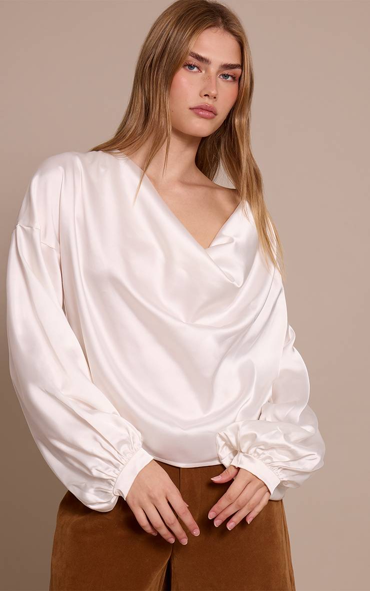 Blanc Chemisier En Satin À Manches Longues