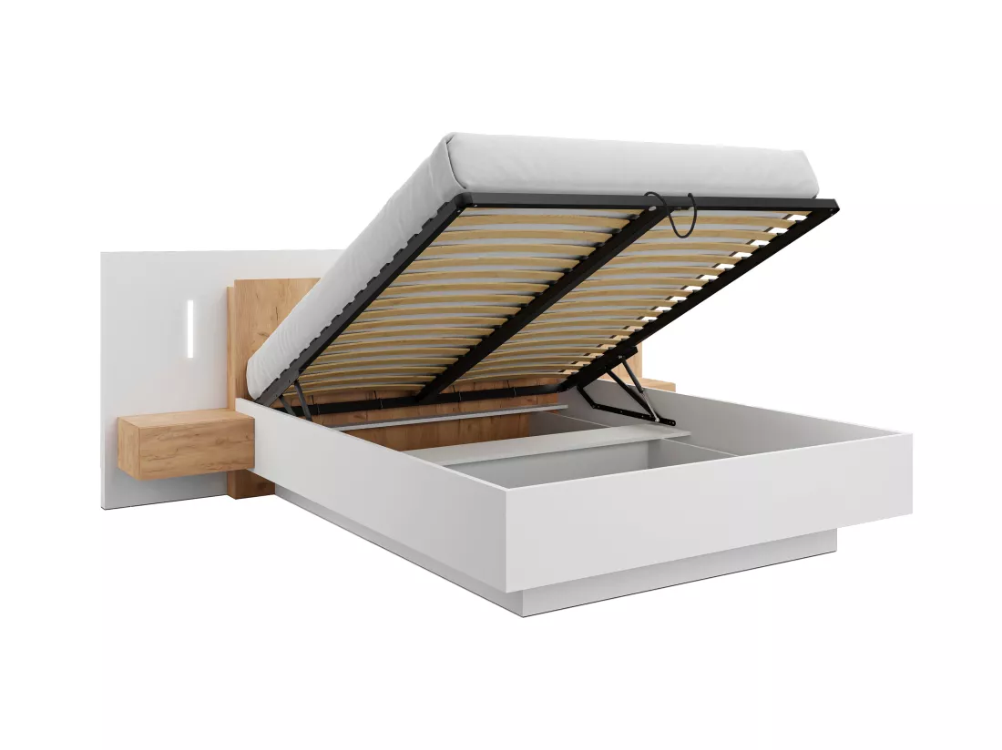 Lit coffre avec chevets 160 x 200 cm - 2 tiroirs - Avec LEDs - Coloris : Blanc et naturel + Matelas - FRANCOLI