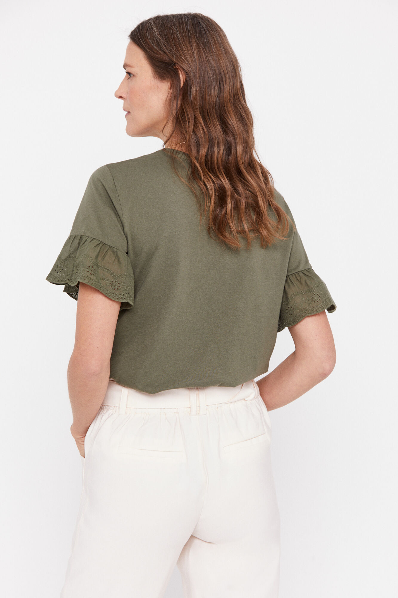 Camiseta combinada bordada em inglês - Cáqui