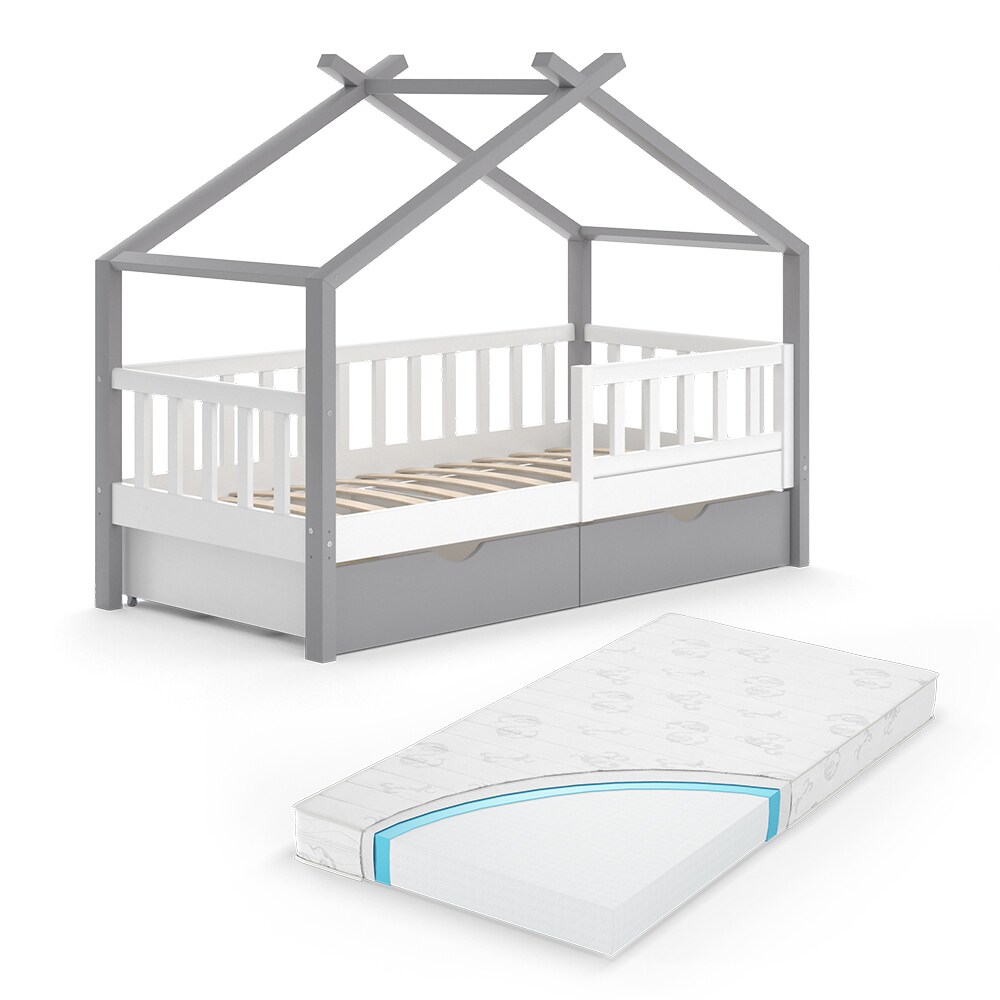 VitaliSpa Kinderbett Hausbett Einzelbett Design Weiß Grau modern 80x160 cm Kinderzimmer Bett Massivholz Lattenrost Schublade Rausfallschutz Schubladenbett Matratze