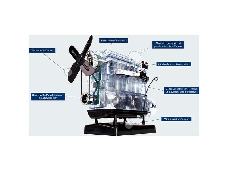 Franzis Bausatz 4-Zylinder-Motor 1:3, Deutsch/Englisch Bausatz eines 4-Zylinder Benzinmotors mit transparentem Motorenblock