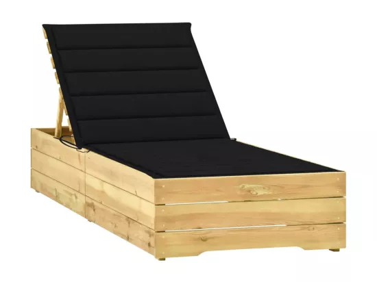 Chaise longue avec coussin noir Bois de pin imprégné