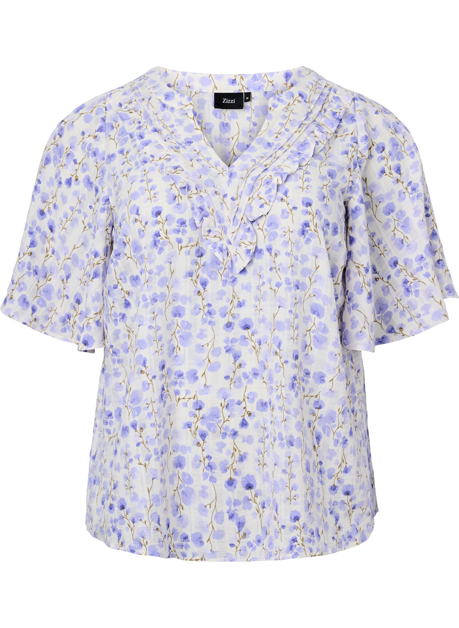 Kortærmet bluse med v-hals og blomsterprint