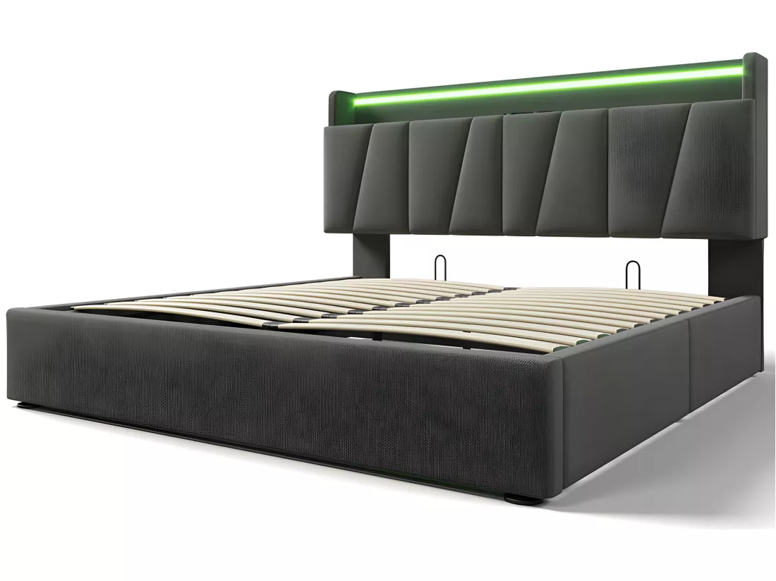 Lit coffre 160x200cm - avec LED et ports de chargement - tissu en lin - Gris