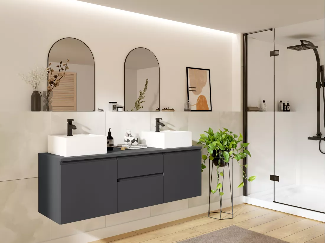 Meuble de salle de bain suspendu avec double vasque - Gris - 150 cm - JIMENA II