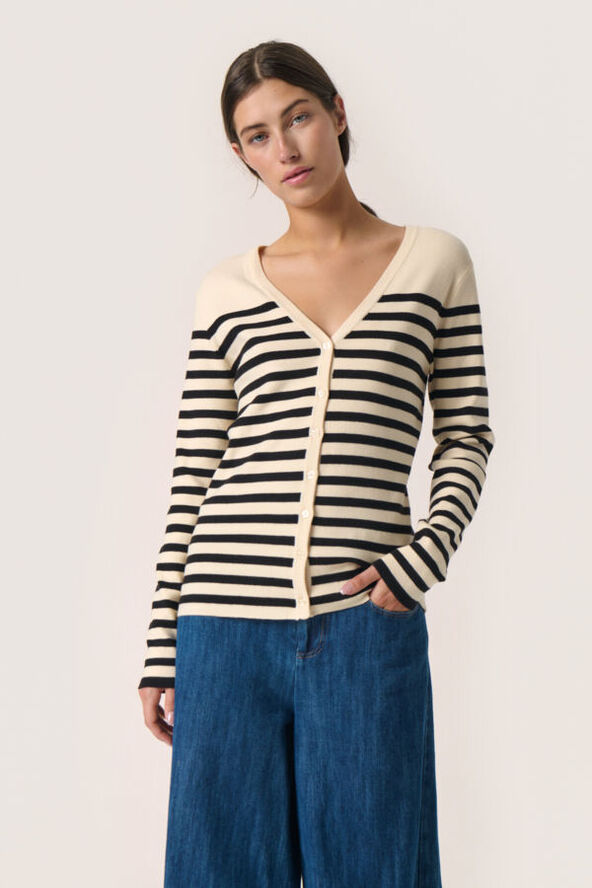 Soaked in Luxury SLPina V-Neck Cardigan White with black stripe