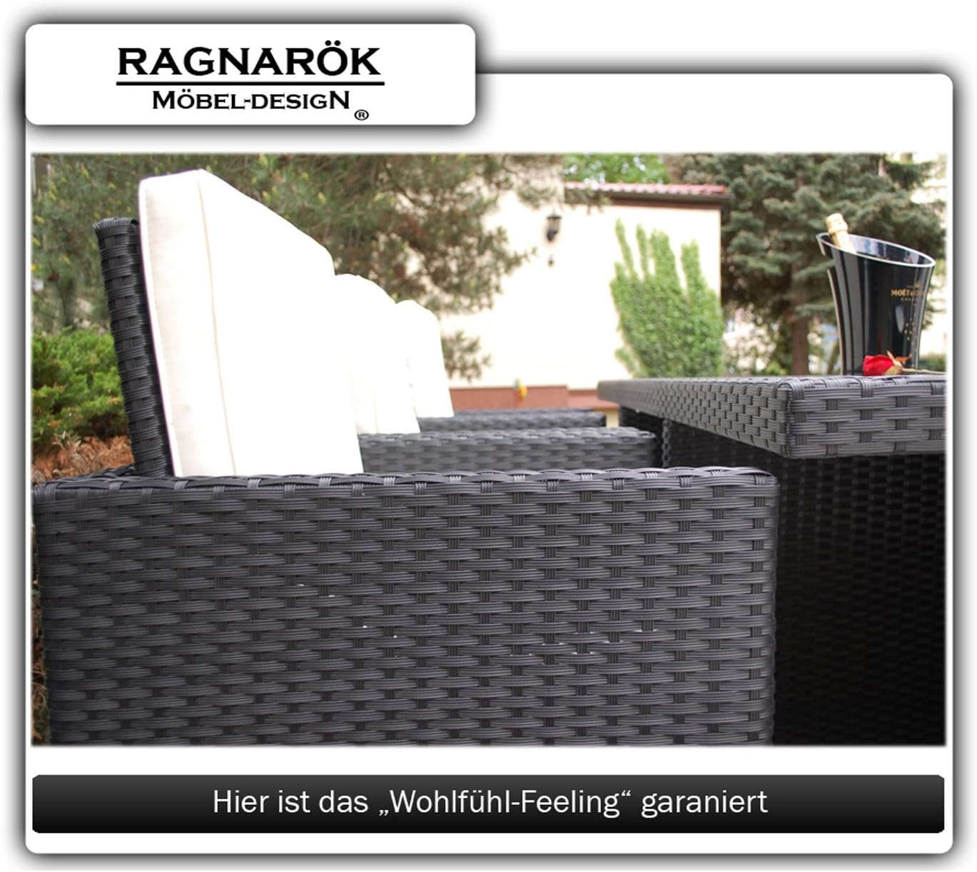Ragnarök-Möbeldesign Polyrattan Gartenmöbel Set für 10 Personen – XXL Esstisch 190x125 cm mit ESG-Glasplatte – 6 Sessel & 4 Hocker inkl. Polster – Aluminiumrahmen – vormontiert