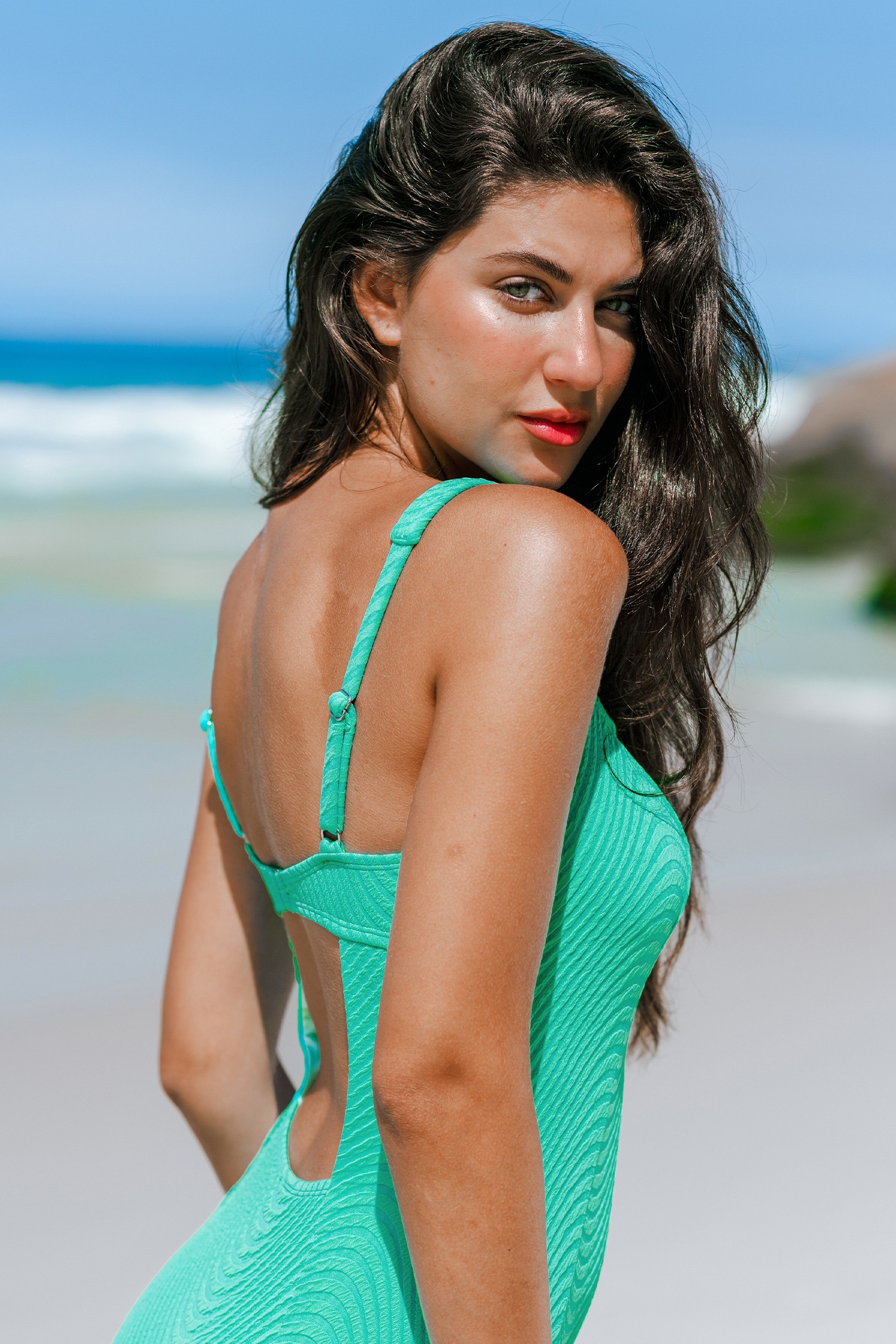 Maillot de bain une pièce découpé à col carré de couleur menthe